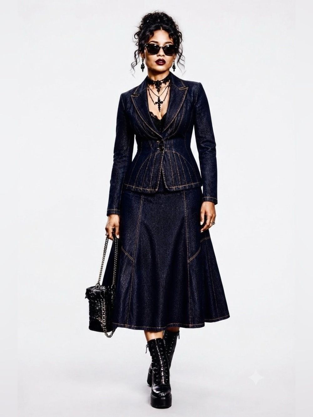 Monroe & Main Dark Wash Denim Skirt Suit Tailored Blazer & A-Line Midi Skirt - Picture 9 of 16